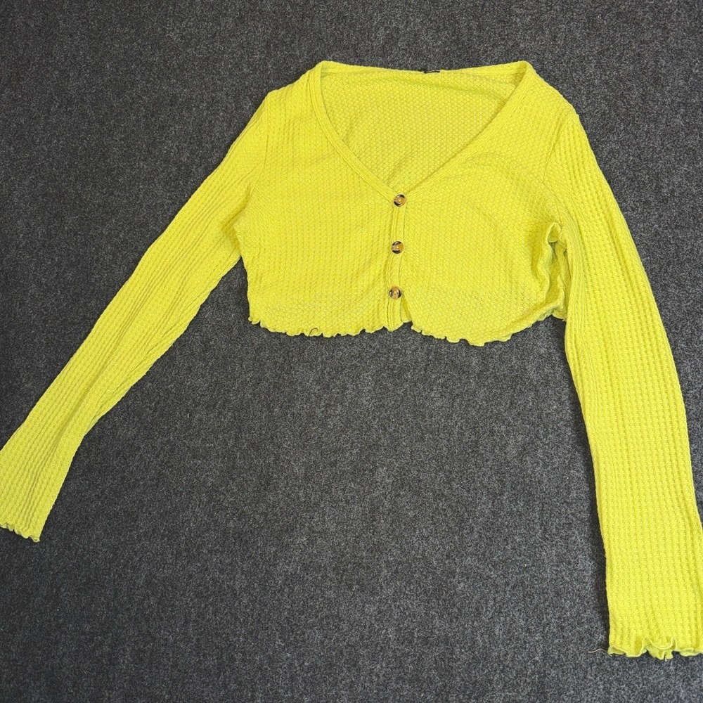 Women's Lime Green‎ Cropped Cardigan Sweater S Button Front Lettuce Hem Y2K